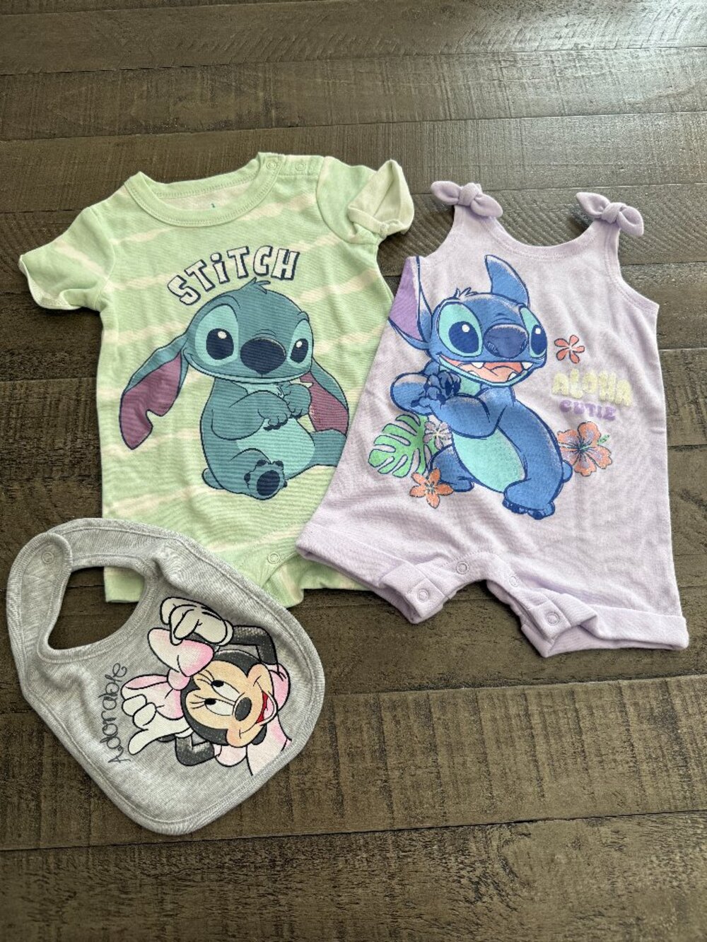 Disney Baby Stitch Romper Minnie Bib 3-Piece Bundle 0-3M 6-9M 18M NWOT
